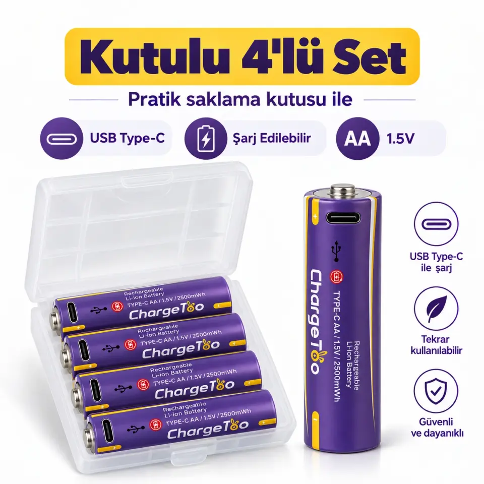 Type-C Şarj Edilebilir AA Kalem Pil 1.5V 2500mWh 4'lü