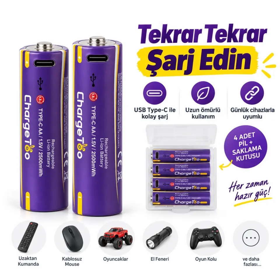 Type-C Şarj Edilebilir AA Kalem Pil 1.5V 2500mWh 4'lü