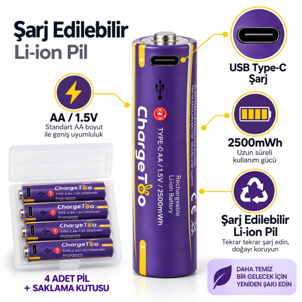 Type-C Şarj Edilebilir AA Kalem Pil 1.5V 2500mWh 4'lü