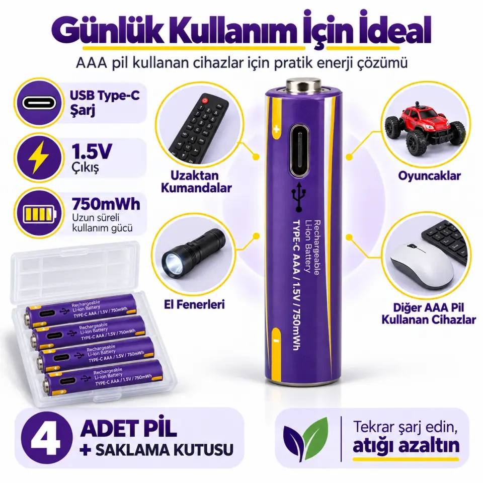 Type-C Şarj Edilebilir AAA İnce Kalem Pil 1.5V 750mWh 4'lü