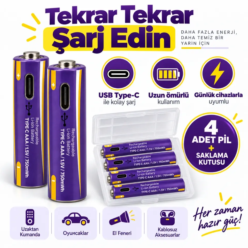 Type-C Şarj Edilebilir AAA İnce Kalem Pil 1.5V 750mWh 4'lü