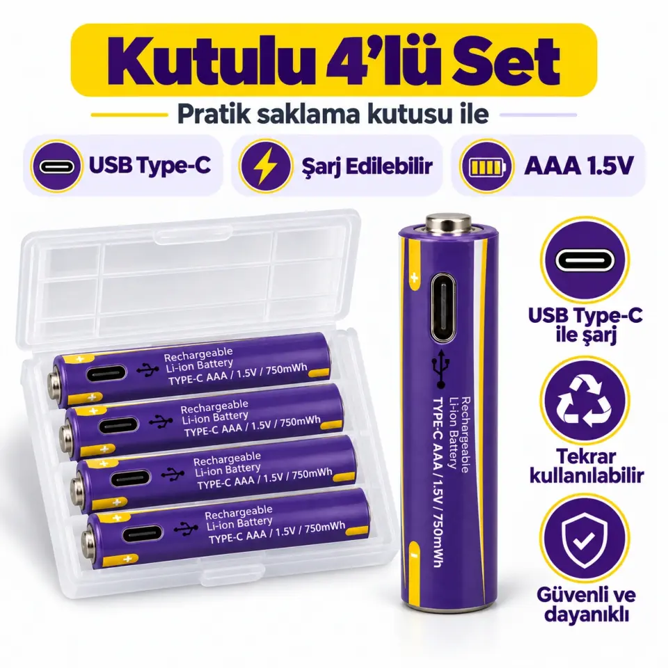 Type-C Şarj Edilebilir AAA İnce Kalem Pil 1.5V 750mWh 4'lü