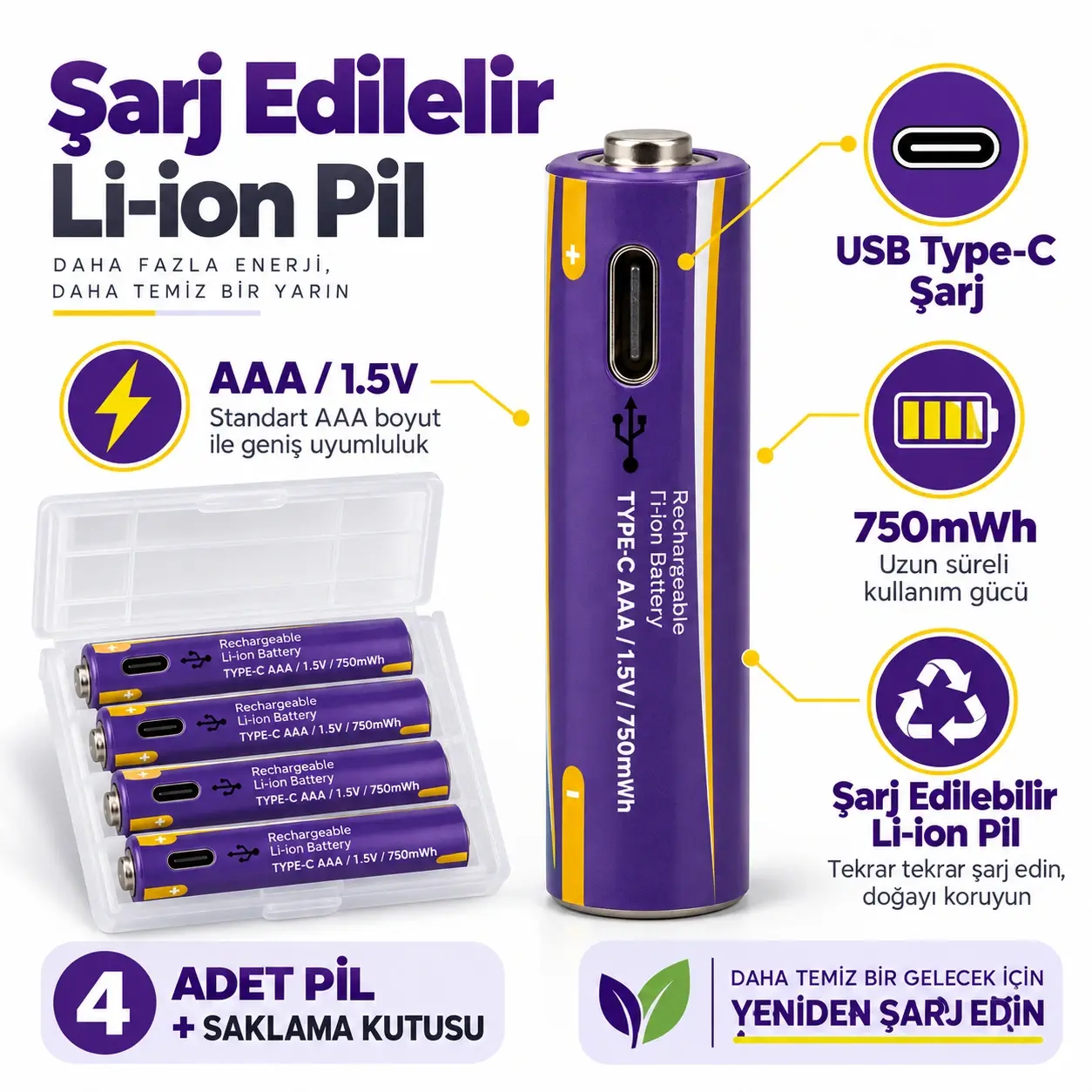 Type-C Şarj Edilebilir AAA İnce Kalem Pil 1.5V 750mWh 4'lü