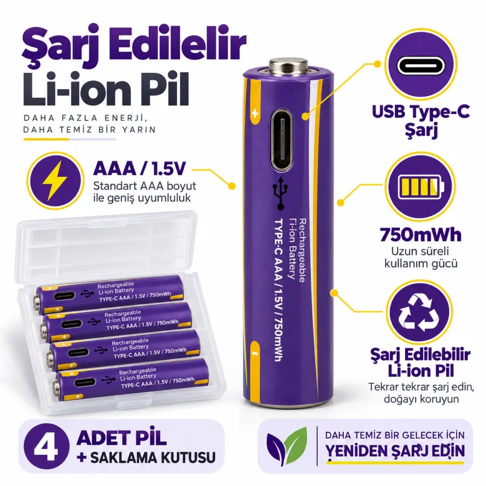 Type-C Şarj Edilebilir AAA İnce Kalem Pil 1.5V 750mWh 4'lü